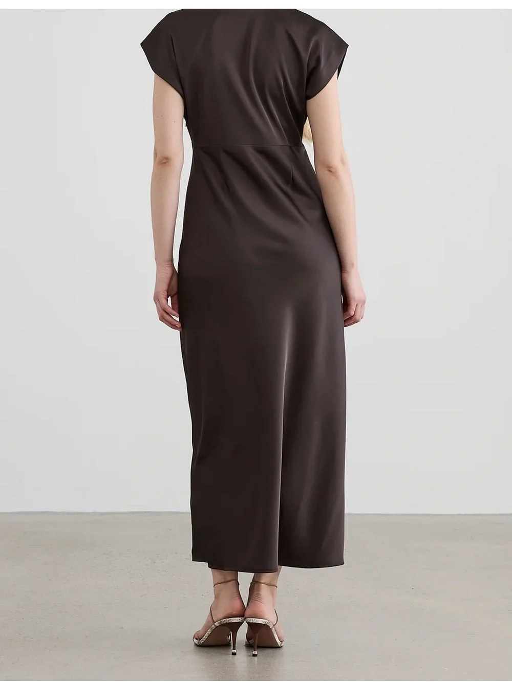 Elegant Chocolate Brown Satin V-Neck Maxi Dress - Picture 2 of 6
